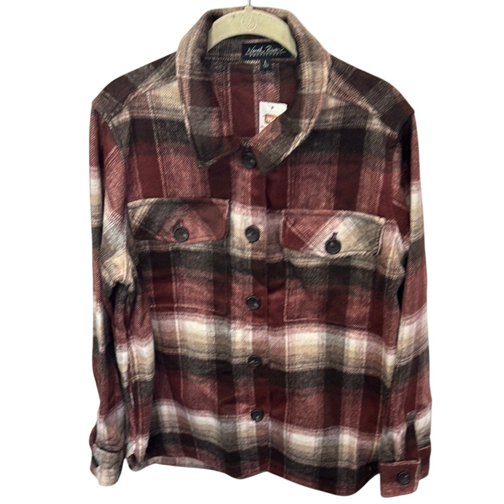 North River Outfitters Plaid Flannel Shirt Jacket Brown Overshirt L